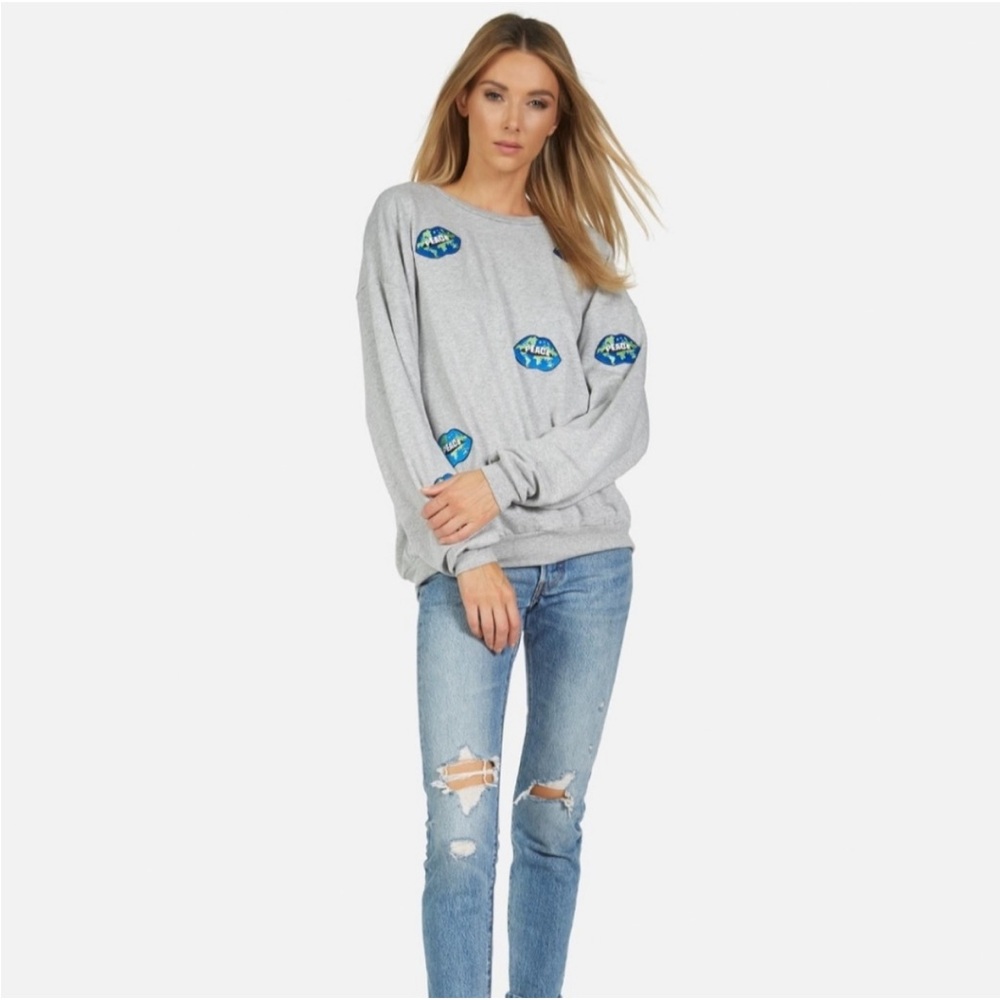 NWT Lauren Moshi BABBS WORLD PEACE LIPS Gray Sweatshirt with Blue Patches, XS